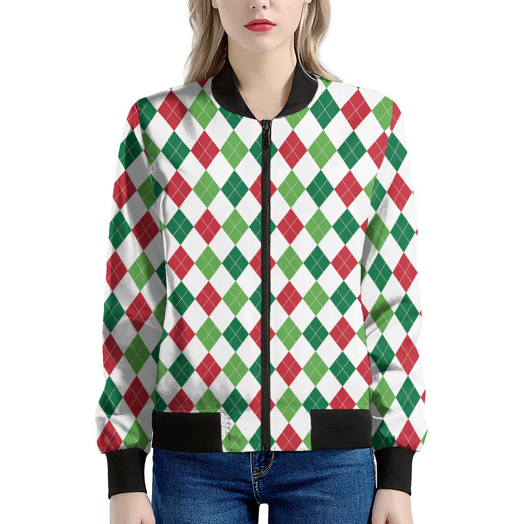 Merry Christmas Argyle Pattern Print Women's Bomber Jacket