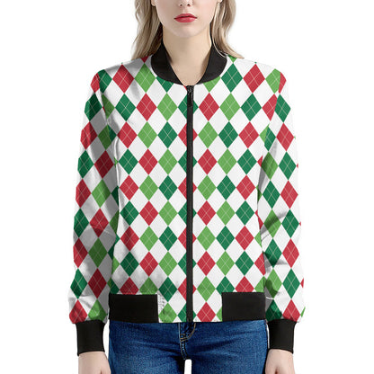 Merry Christmas Argyle Pattern Print Women's Bomber Jacket