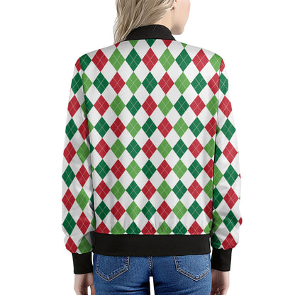 Merry Christmas Argyle Pattern Print Women's Bomber Jacket