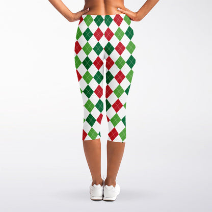 Merry Christmas Argyle Pattern Print Women's Capri Leggings