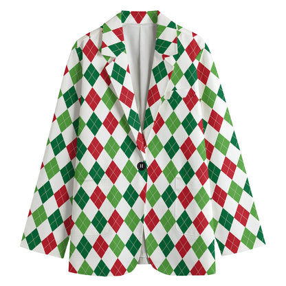 Merry Christmas Argyle Pattern Print Women's Cotton Blazer