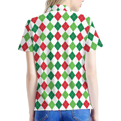Merry Christmas Argyle Pattern Print Women's Polo Shirt