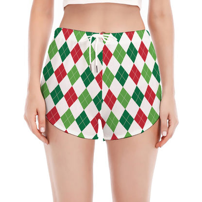 Merry Christmas Argyle Pattern Print Women's Split Running Shorts