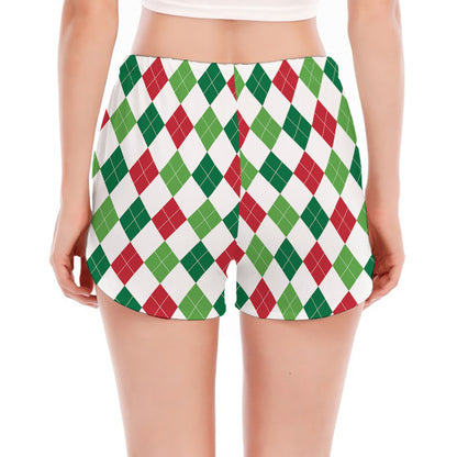 Merry Christmas Argyle Pattern Print Women's Split Running Shorts