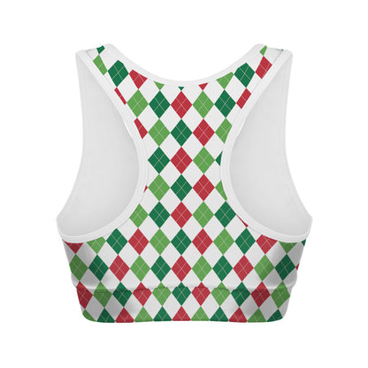 Merry Christmas Argyle Pattern Print Women's Sports Bra
