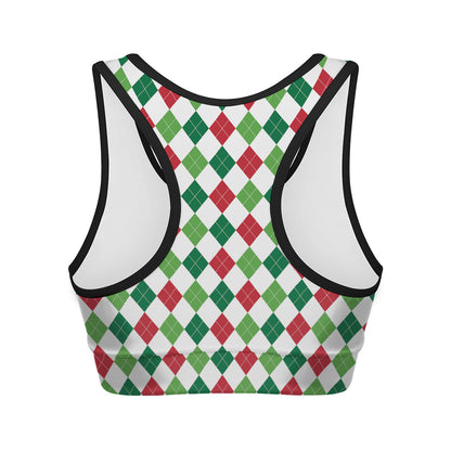 Merry Christmas Argyle Pattern Print Women's Sports Bra