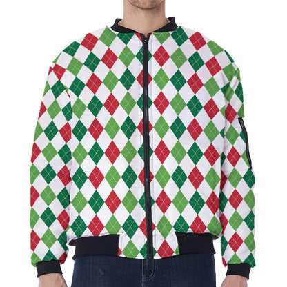 Merry Christmas Argyle Pattern Print Zip Sleeve Bomber Jacket