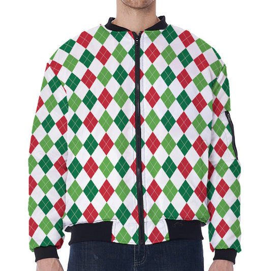 Merry Christmas Argyle Pattern Print Zip Sleeve Bomber Jacket