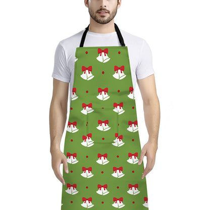 Merry Christmas Bells Pattern Print Bib Apron With Pocket