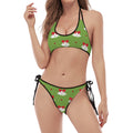 Merry Christmas Bells Pattern Print Halter Scoop Tie Side Bikini
