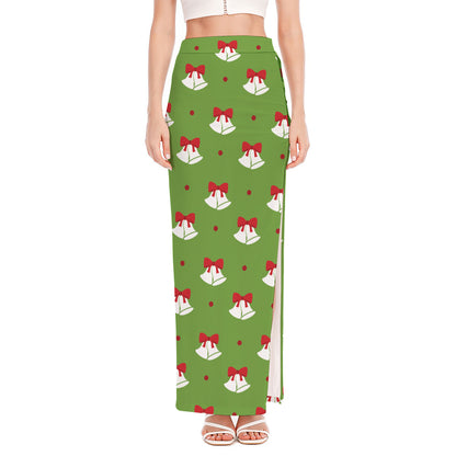 Merry Christmas Bells Pattern Print High Slit Maxi Skirt