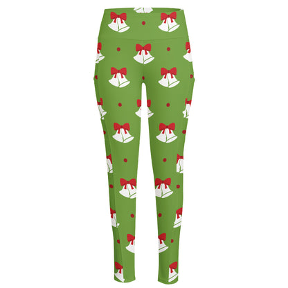 Merry Christmas Bells Pattern Print High-Waisted Pocket Leggings
