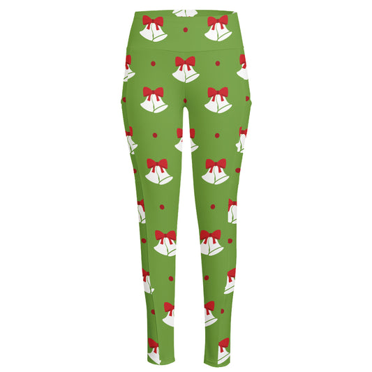 Merry Christmas Bells Pattern Print High-Waisted Pocket Leggings