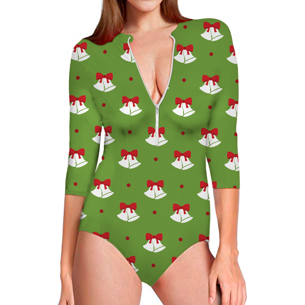Merry Christmas Bells Pattern Print Long Sleeve Swimsuit