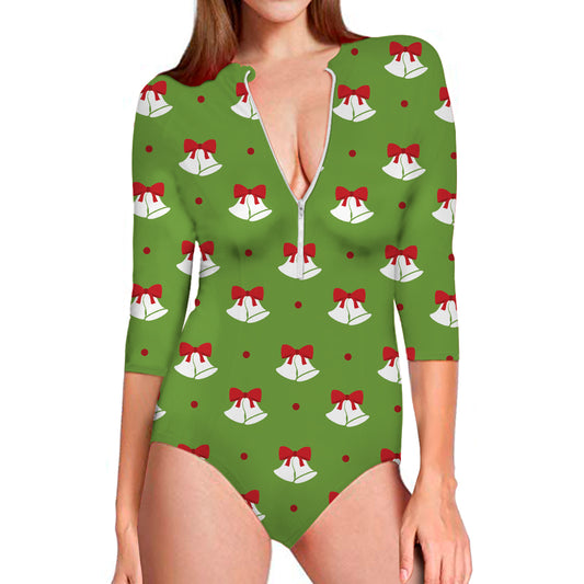 Merry Christmas Bells Pattern Print Long Sleeve Swimsuit