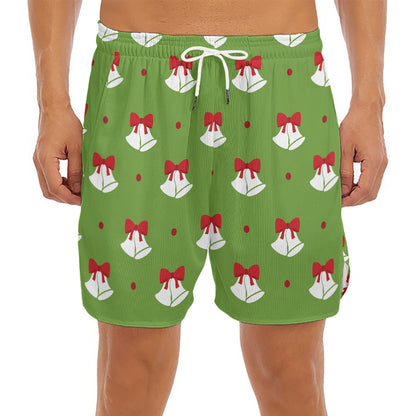 Merry Christmas Bells Pattern Print Men's Split Running Shorts