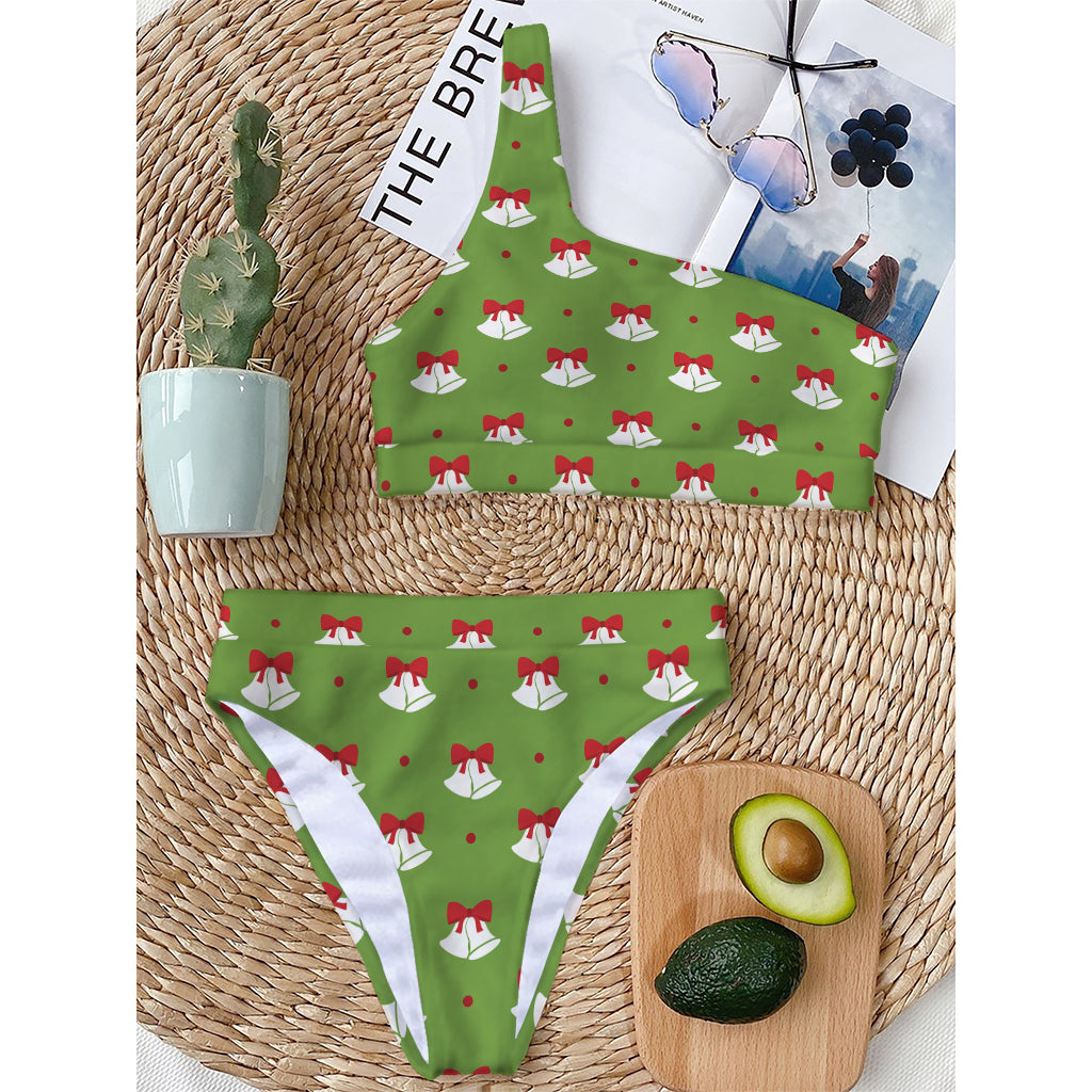 Merry Christmas Bells Pattern Print One Shoulder Bikini Top