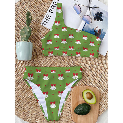 Merry Christmas Bells Pattern Print One Shoulder Bikini Top