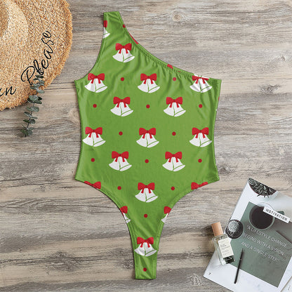 Merry Christmas Bells Pattern Print One Shoulder Bodysuit