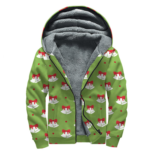 Merry Christmas Bells Pattern Print Sherpa Lined Zip Up Hoodie