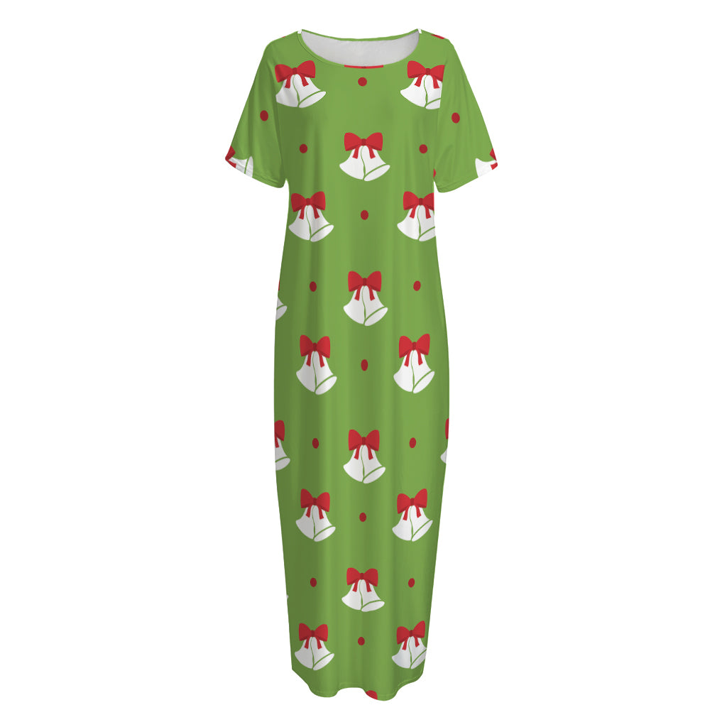Merry Christmas Bells Pattern Print Short Sleeve Long Nightdress