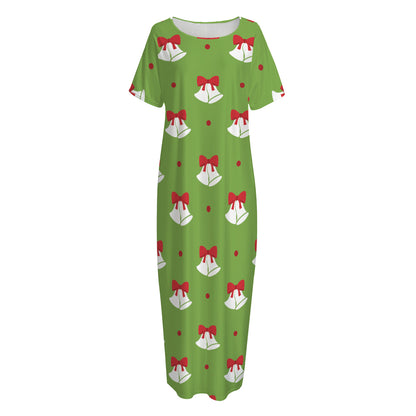 Merry Christmas Bells Pattern Print Short Sleeve Long Nightdress