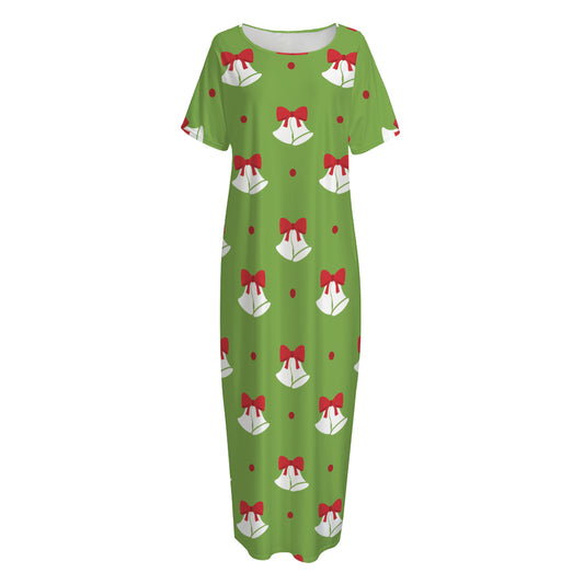 Merry Christmas Bells Pattern Print Short Sleeve Long Nightdress