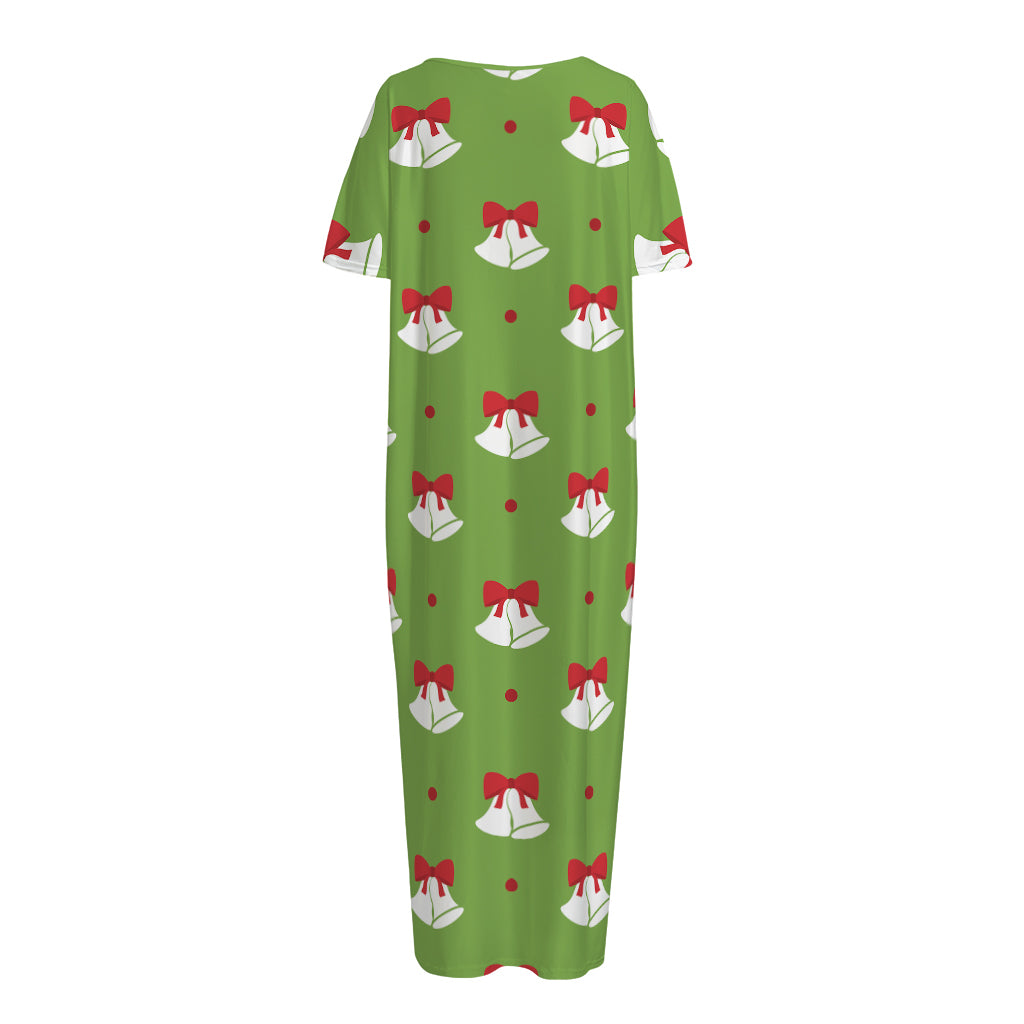 Merry Christmas Bells Pattern Print Short Sleeve Long Nightdress