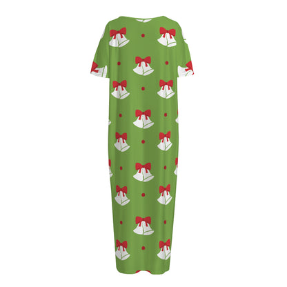 Merry Christmas Bells Pattern Print Short Sleeve Long Nightdress
