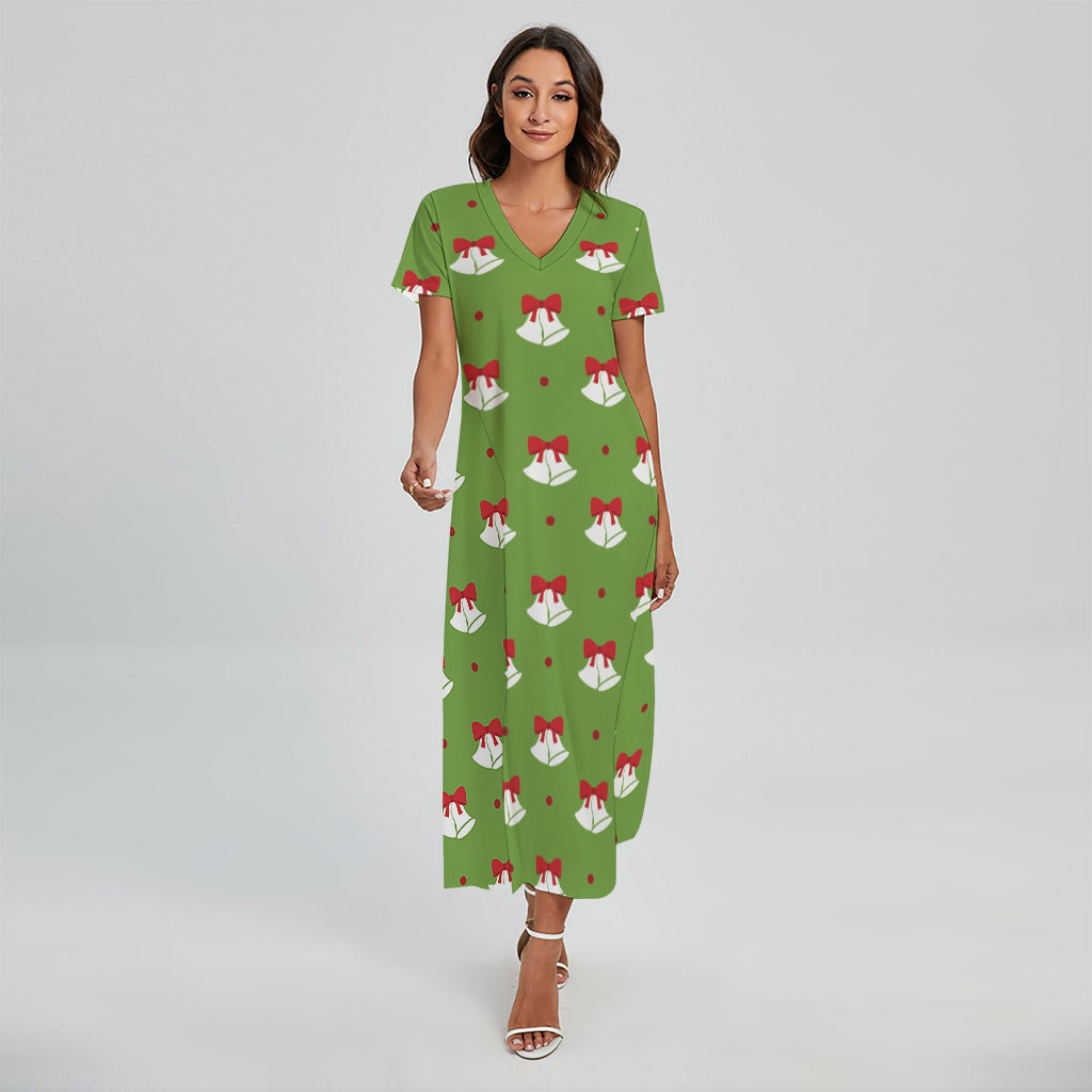 Merry Christmas Bells Pattern Print Short Sleeve Maxi Dress