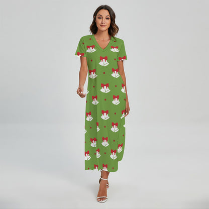 Merry Christmas Bells Pattern Print Short Sleeve Maxi Dress