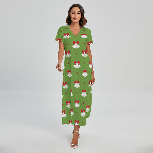 Merry Christmas Bells Pattern Print Short Sleeve Maxi Dress