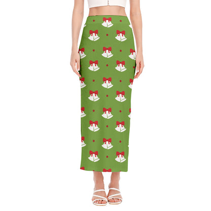 Merry Christmas Bells Pattern Print Side Slit Maxi Skirt