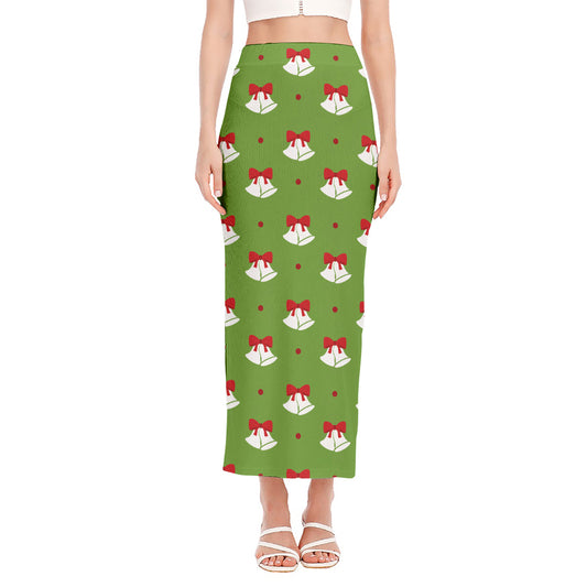 Merry Christmas Bells Pattern Print Side Slit Maxi Skirt