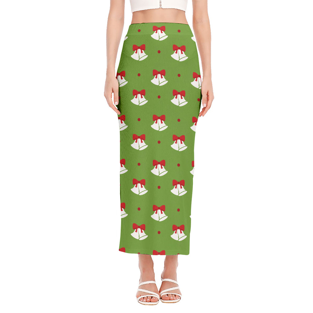Merry Christmas Bells Pattern Print Side Slit Maxi Skirt