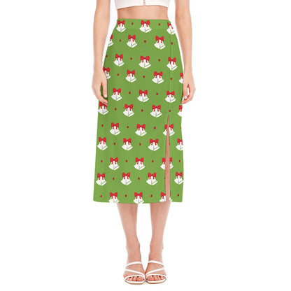 Merry Christmas Bells Pattern Print Side Slit Midi Skirt