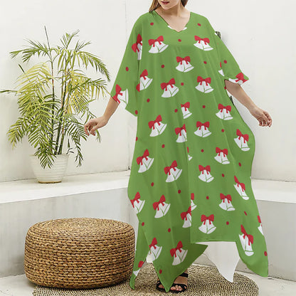 Merry Christmas Bells Pattern Print Silk V-Neck Kaftan Dress