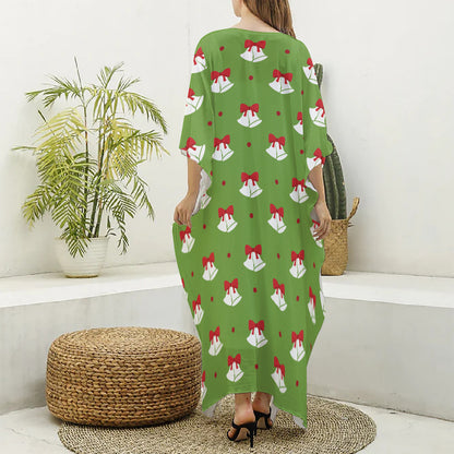 Merry Christmas Bells Pattern Print Silk V-Neck Kaftan Dress