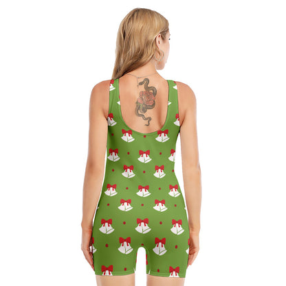 Merry Christmas Bells Pattern Print Sleeveless One Piece Swimsuit