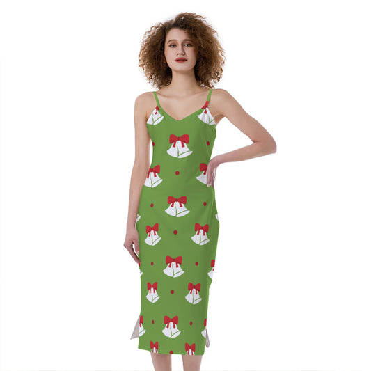 Merry Christmas Bells Pattern Print Slim Fit Midi Cami Dress