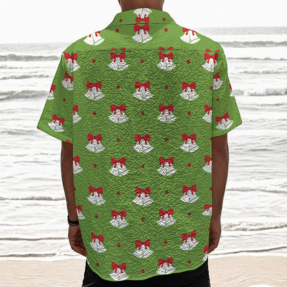 Merry Christmas Bells Pattern Print Textured Short Sleeve Shirt