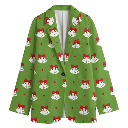 Merry Christmas Bells Pattern Print Women's Cotton Blazer