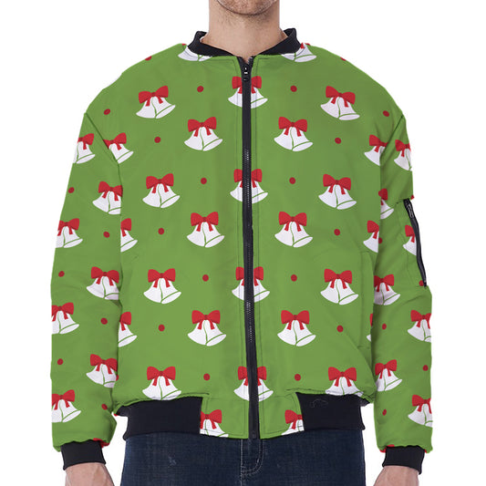 Merry Christmas Bells Pattern Print Zip Sleeve Bomber Jacket