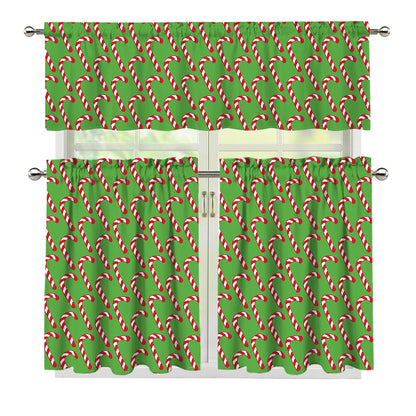 Merry Christmas Candy Cane Pattern Print 3 Piece Kitchen Curtains