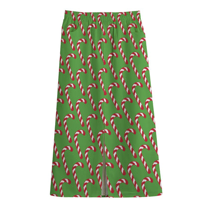 Merry Christmas Candy Cane Pattern Print Cotton Front Slit Maxi Skirt
