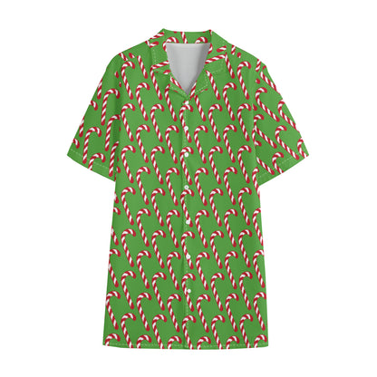 Merry Christmas Candy Cane Pattern Print Cotton Hawaiian Shirt