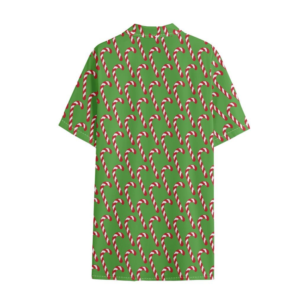 Merry Christmas Candy Cane Pattern Print Cotton Hawaiian Shirt