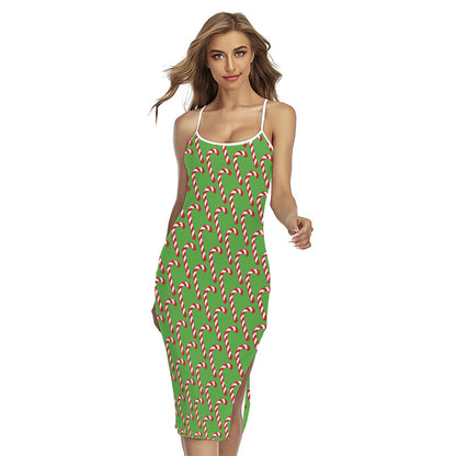 Merry Christmas Candy Cane Pattern Print Cross Back Cami Dress