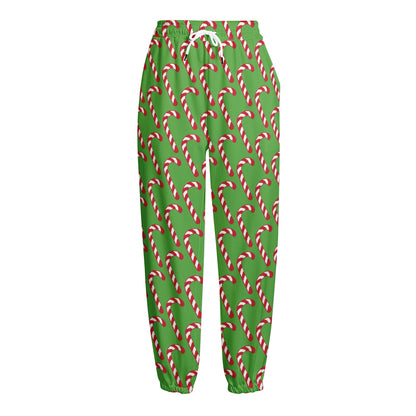 Merry Christmas Candy Cane Pattern Print Fleece Lined Knit Pants