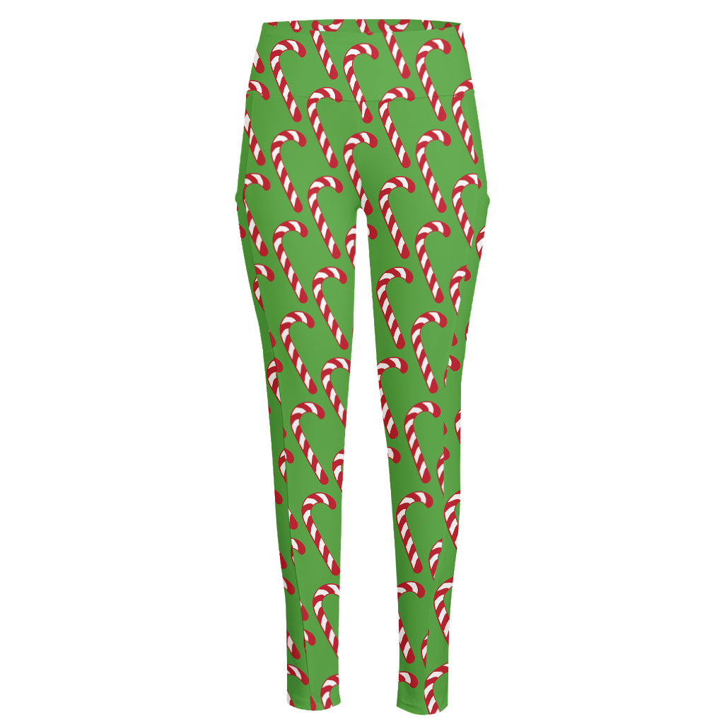 Merry Christmas Candy Cane Pattern Print High-Waisted Pocket Leggings